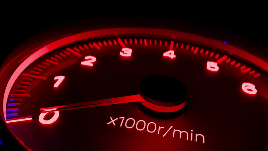 Shaking neon tachometer close up with arrow showing fast increasing rotation speed of the engine and decreasing speed while the gear shift. CGI motion design on a dark background. 3D animation Royalty-Free Stock Footage #1111662185