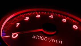 Shaking neon tachometer close up with arrow showing fast increasing rotation speed of the engine and decreasing speed while the gear shift. CGI motion design on a dark background. 3D animation - Powered by Shutterstock - Get 15% off with code: PIKWIZARD15