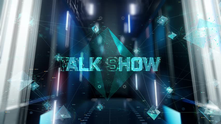 Talk Show. Man in Futuristic Office Interior Moving and Activating Hologram.