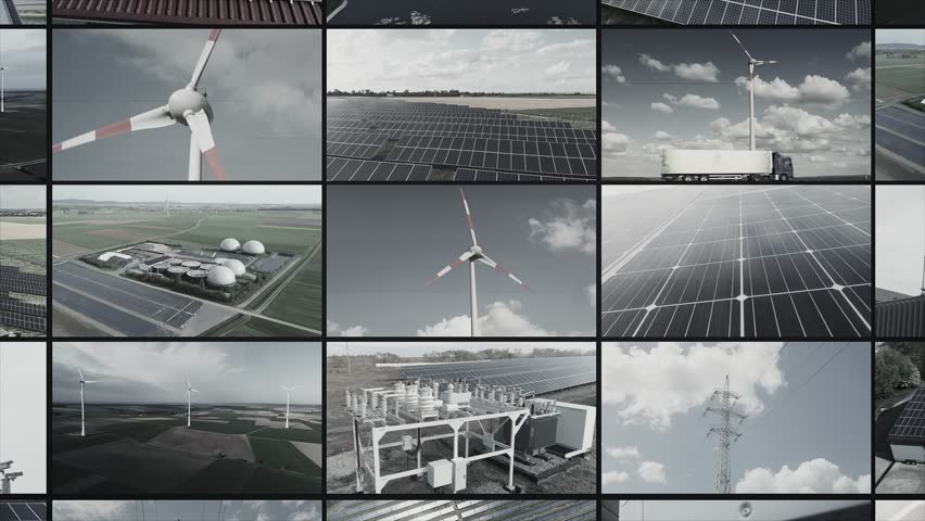 Renewable electricity production video wall. Alternative energy split screen. Green electricity multi screen collage. | Shutterstock HD Video #1111663143