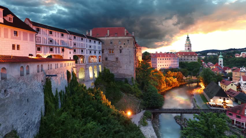 Time lapse of dramatic sunset over Cesky Krumlov historical old town, Southern Bohemia, Czech Republic