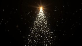 Animation of a glowing golden Christmas tree with particles lighting up the stars on black. New Year and Christmas holiday concept. Winter holiday 4k video background. 3D, 4K, seamless loop	
