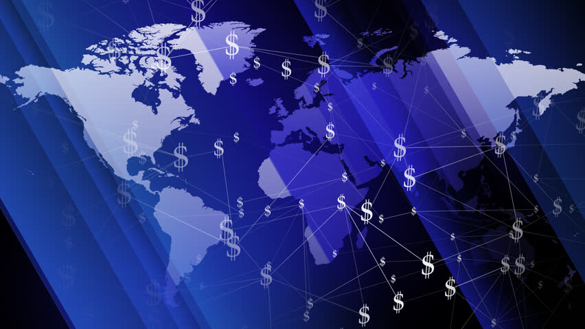Global wealth symphony dollar signs on world map financial news background create visual melody of success, offering insights into international investment trends and economic patterns