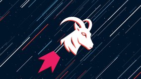 Goat's head symbol flies through the universe on a jet propulsion. The symbol in the center is shaking due to high speed. Seamless looped 4k animation on dark blue background with stars