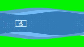 Animation of blue banner waves movement with white disabled road symbol on the left. On the background there are small white shapes. Seamless looped 4k animation on chroma key background