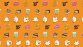 Colorful Moving Cartoon Coffee and Breakfast Graphics on an Orange Video Background
