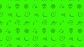 Moving Space Themed Cartoon Icons, Animated Green Video Background