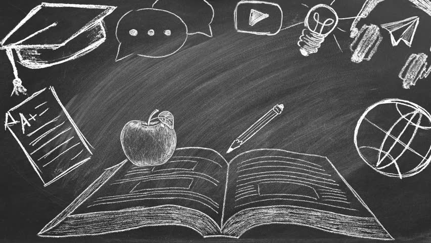 On the school chalkboard, the word German is written. Next to it, there is an open book, and around it are many small pictograms symbolizing various aspects of learning a foreign language.