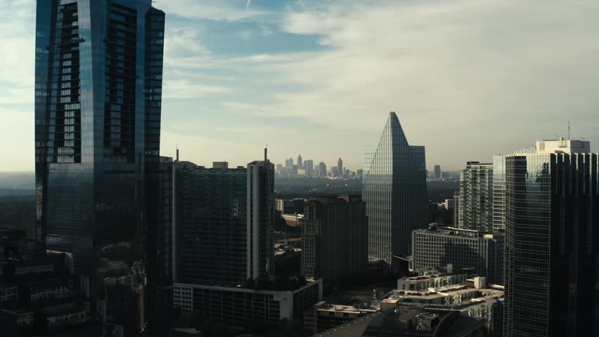 Epic and gorgeous aerial shot of the Atlanta Georgia skyline in true cinematic fashion.