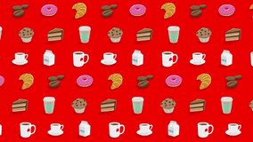 Colorful Moving Cartoon Coffee and Breakfast Graphics on a Red Video Background