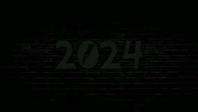 Blue Number 2024 neon animation motion graphics on brick wall background.glowing and shining for new year concept