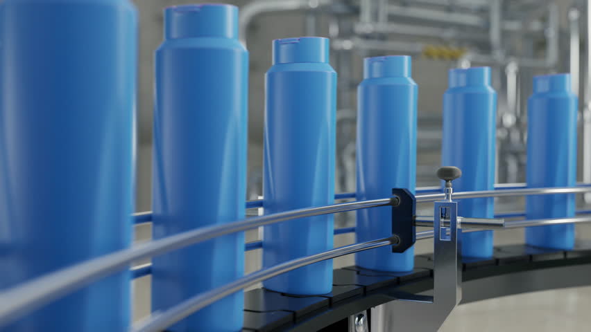 Automated conveyor belt carrying the plastic product containers at a facility. Conveyor belt transporting the shampoo bottles at a facility. Conveyor belt moving the manufactured items at a facility. Royalty-Free Stock Footage #1111680147