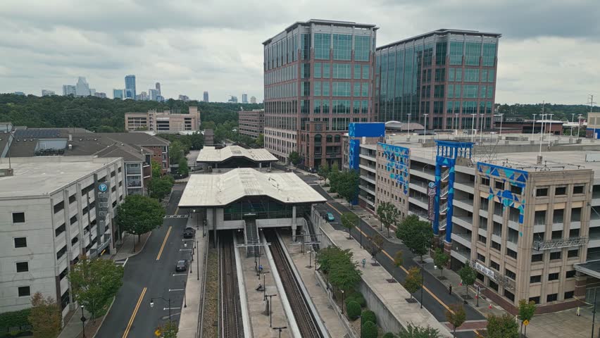 Aerial view of Lindbergh Marta Station with office Buildings and skyline in Background - Atlanta, Georgia