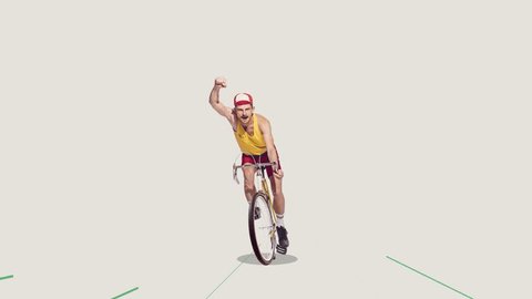 Stop motion. Animation. Winner. Marathon. Young man, cyclist in uniform riding on abstract lines over grey background. Concept of summer, retro style, creativity, imagination, fun. Copy space for ad స్టాక్ వీడియో