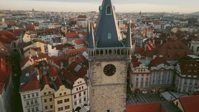 Orbital Flight Showcasing the Prague Chimes. Inspiring Drone Shot of the Prague Astronomical Clock. Captivating Timekeeping Wonder in the Heart of Prague. Traveling and Attractions Concept