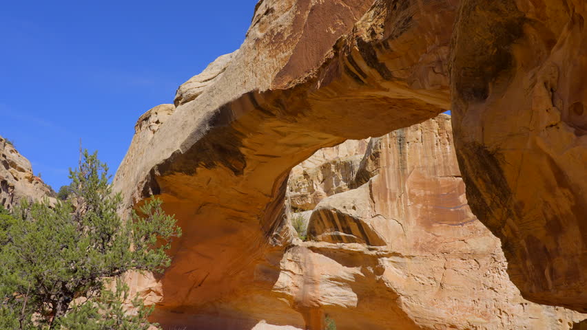 Establishing shot of mountain trail with red rocks background in Hickman Natural Bridge Trail, Capital Reef National Park, Utah, North America. Day time on October 2023. Still camera view. ProRes 422 
