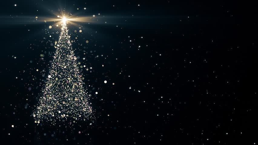 Merry Christmas greeting video card. Christmas tree with shining lights, snowflakes and falling stars, 4K video background