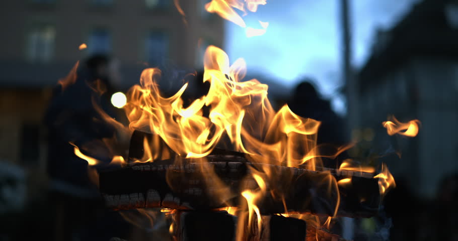 Super Slow-Motion Hypnotizing Fire Flames at 800 FPS - Bonfire for Warmth in urban center, glowing ember Royalty-Free Stock Footage #1111686489
