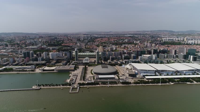 Aerial footage of Park of The Nations in Lisbon (Parque das Nações)