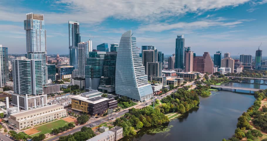 2024 Austin Skyline Aerial Hyperlapse on Sunny Day overlooking Town Lake and park Royalty-Free Stock Footage #1111687087