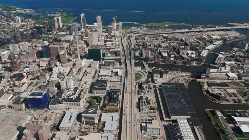 Drone wide view of downtown Milwaukee, Michigan lake shoreline. Milwaukee, Wisconsin, USA