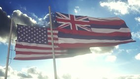 Hawaii state flags waving along with the national flag of the United States of America. In the background there is a clear sky - Powered by Shutterstock - Get 15% off with code: PIKWIZARD15
