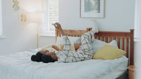 Selfie, kiss and African couple in bed for peace, relax and happiness with a phone together in the morning. Happy, content and black man and woman kissing for a photo on mobile in the bedroom - Powered by Shutterstock - Get 15% off with code: PIKWIZARD15