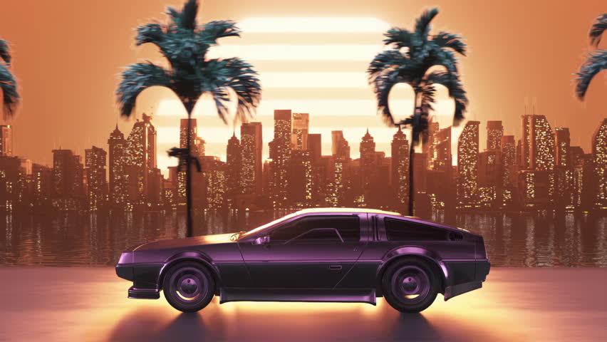 Loop car at sunset against the backdrop of the city retro wave in the style of the 80s. 3D Illustration | Shutterstock HD Video #1111696059