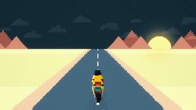 80s retro seamless loop with motorcycle joy ride. Riding VJ videogame landscape, Stylized biker vintage 2D animation background. 4K