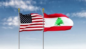 USA and lebanon flag waving on sky background. Highly Detailed Fabric Pattern, 3D Rendering video footage. 4K resolution for celebration, national award, patriotic, social media etc.