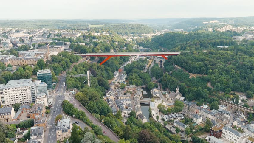 Luxembourg City, Luxembourg. Pont Rouge. Panoramic view of the historical part of Luxembourg. City is located in valley of two rivers - Alzette and Petrus, Aerial View