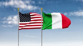 USA and italy flag waving on sky background. Highly Detailed Fabric Pattern, 3D Rendering video footage. 4K resolution for celebration, national award, patriotic, social media etc.
