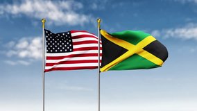 USA and jamaica flag waving on sky background. Highly Detailed Fabric Pattern, 3D Rendering video footage. 4K resolution for celebration, national award, patriotic, social media etc.