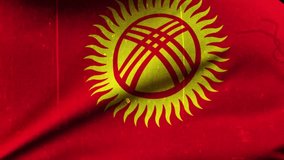 kyrgyzstan flag waving closeup. Highly Detailed Fabric Pattern with vintage and retro effect, 3D Rendering video footage. 4K resolution for celebration, national award, patriotic, social media etc.