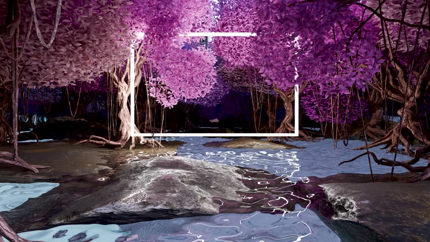 A looping animation of a abstract 3D forest with rectangle neon, Sci Fi Futuristic trees and glowing frame, Fluorescent light box, fantasy wild, paradise scenery with calm river, ponds, 3d render | Shutterstock HD Video #1111706019