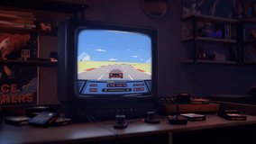 Playing the nostalgic pixelated driving simulator game on an old tv set. Driving the pixel cars in the nostalgic racing arcade. Driving the nostalgic vehicle on the pixelated track. Retro. Classic.