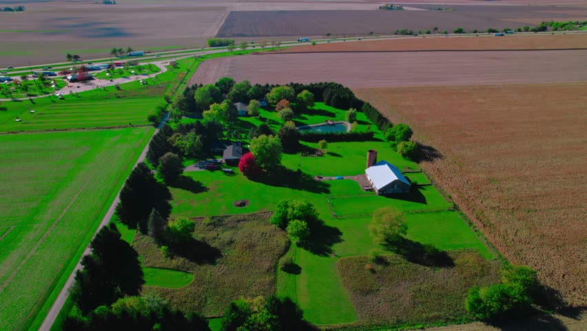 Countryside Green Plains Near Illini Prairie Rest Stop Northbound In Tolono Illinois, USA. Aerial Drone Shot