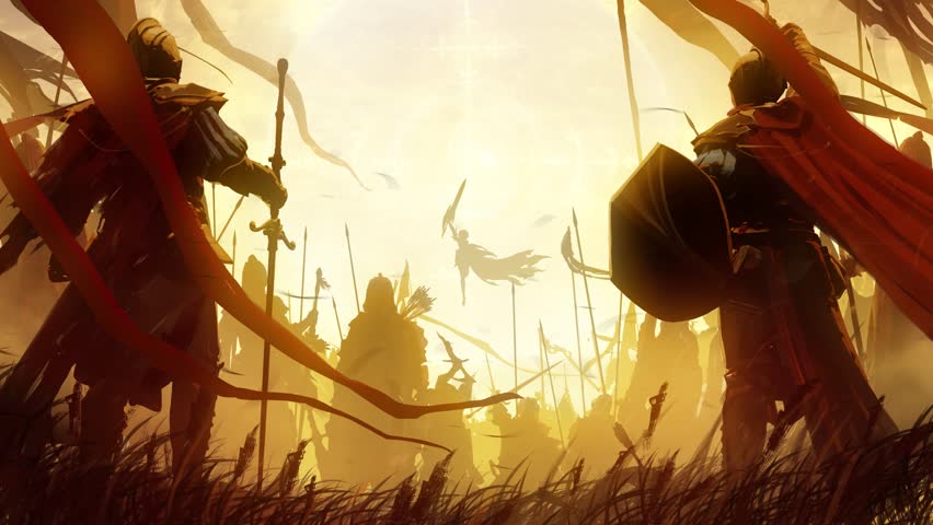 A jubilant army of knights in plate armor with swords and shields responds to the cry of their holy leader, she is a woman with a huge sword and a long cloak hoverin. approaching 2d animated art