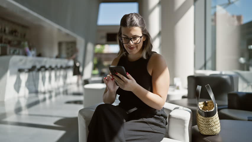 Delightful hispanic woman sitting in a modern hotel hall, wearing glasses, using her smartphone, smiling while looking off to the side Royalty-Free Stock Footage #1111719169