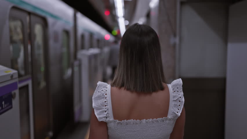 Beautiful brunette woman, a casual hispanic female in glasses, captured in a portrait, seen from behind, walking away in the city's lively subway station. a back view of this young adult's travel. Royalty-Free Stock Footage #1111719275