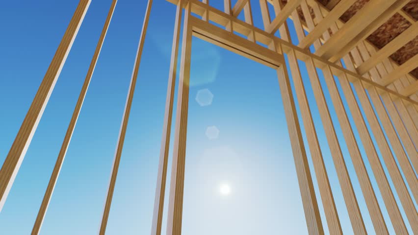 Construction of a frame house. Conceptual video of a frame house under construction. Wooden truss frame and wall against blue sky. 3d animation. 3D Illustration Royalty-Free Stock Footage #1111722405