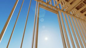 Construction of a frame house. Conceptual video of a frame house under construction. Wooden truss frame and wall against blue sky. 3d animation. 3D Illustration