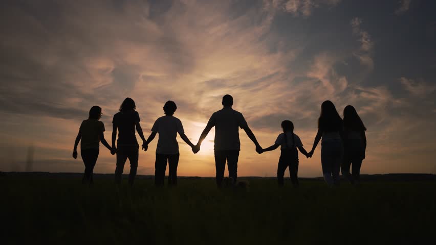 Teamwork. Big happy family walking outdoors. Group team walk in nature in park at sunset.large family having picnic in park together in nature.People walk on green grass at sunset.Happy family concept | Shutterstock HD Video #1111723441