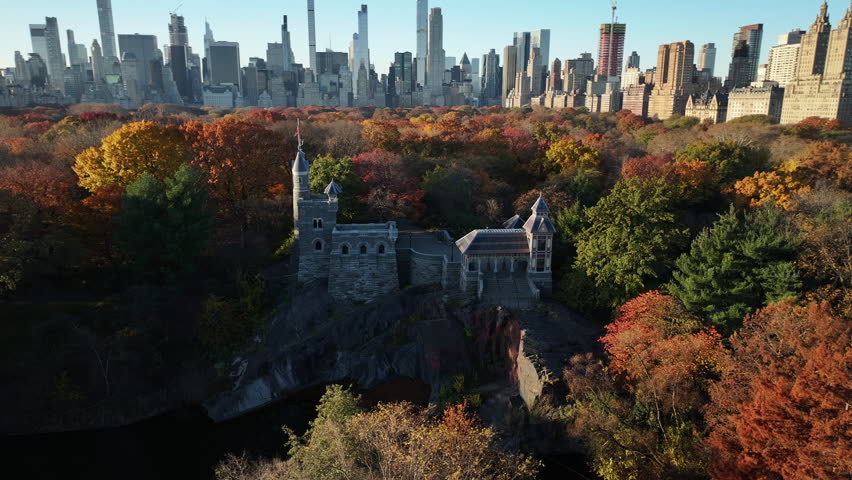 Aerial shot of Central Park's Belvedere Castle on an autumn morning Royalty-Free Stock Footage #1111723791
