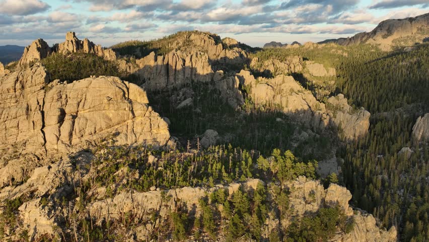 Aerial of the amazing landscape of the Black Hills in South Dakota at sunset.