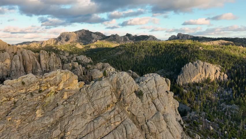 Aerial of the amazing landscape of the Black Hills in South Dakota at sunset.