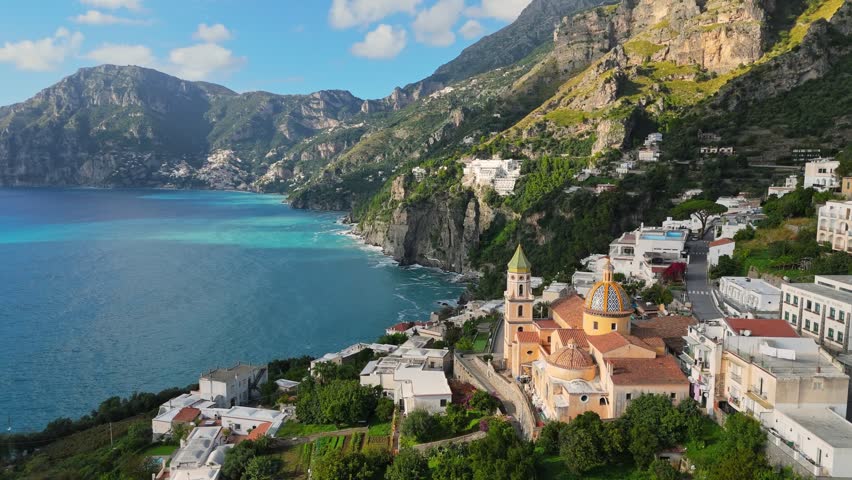 Praiano village, Amalfi coast, Italy. Aerial drone view of Praiano beautiful town - church with houses among greenery, mountains and sea. Nature and villages of Amalfi coast | Shutterstock HD Video #1111726471