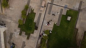 Top view, filming process on the street, camera rotates from above