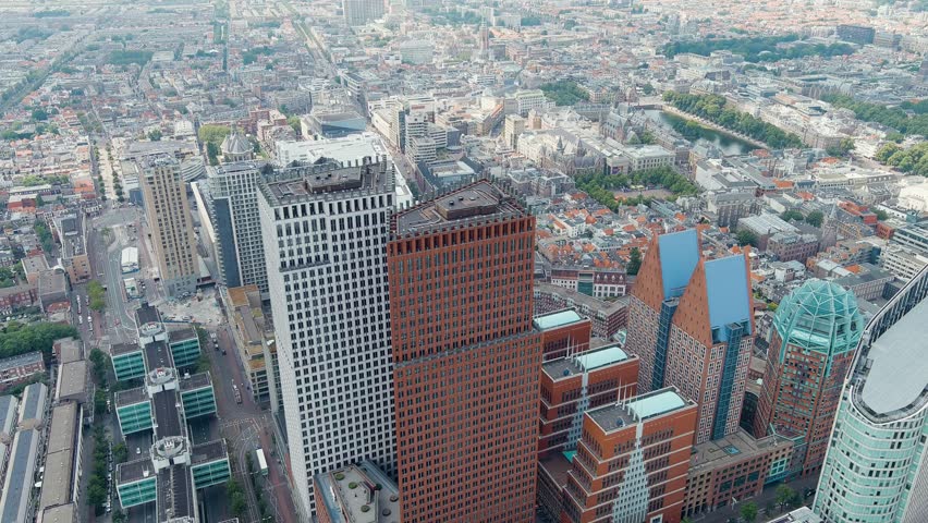 The Hague, Netherlands. Business center of The Hague. Cloudy weather. Summer day, Aerial View