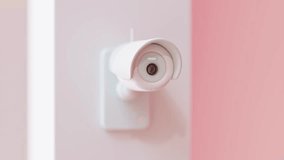 Security CCTV camera cute shape and pink pastel color for children room. Scan the area for surveillance purposes. technology and innovation concept. Animation, 3D Render